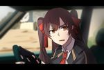  bow brown_hair car eyebrows_visible_through_hair fingerless_gloves girls_frontline gloves ground_vehicle hair_bow highres looking_at_viewer motor_vehicle necktie orange_eyes qbz-97_(girls_frontline) solo sweatdrop twintails xiujia_yihuizi 