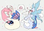  blue_eyes gen_3_pokemon gen_7_pokemon grey_background harurie milotic no_humans ojou-sama_pose open_mouth pokemon pokemon_(creature) primarina red_eyes rivalry simple_background starfish starfish_hair_ornament 