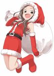  :d absurdres arm_warmers belt boots breasts brown_eyes brown_hair christmas commentary_request detached_sleeves dress full_body fur-trimmed_boots fur-trimmed_sleeves fur_trim hat highres holding jumping karakai_jouzu_no_takagi-san legs_folded legs_up long_hair looking_at_viewer open_mouth red_dress red_legwear sack santa_boots santa_costume santa_hat simple_background sleeveless small_breasts smile solo takagi-san white_background yamamoto_souichirou 