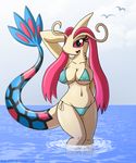  2014 absurd_res anthro anthrofied big_breasts blush breasts clothing digital_media_(artwork) drako1997 female hi_res looking_at_viewer milotic nintendo nipples open_mouth outside pok&eacute;mon pok&eacute;morph sea seaside smile solo standing swimsuit video_games water 