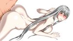  1girl ass back blush breasts butt_crack dimples_of_venus ebido embarrassed eyebrows eyebrows_visible_through_hair grey_hair highres huge_breasts legs long_hair looking_back navel nude orange_eyes pale_skin raised_eyebrows selvaria_bles senjou_no_valkyria sex shiny shiny_skin silver_hair simple_background solo_focus sweat tears thighs vaginal white_background 