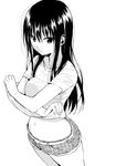  attsun_(atsushi_jb) breasts commentary_request greyscale hair_between_eyes highres long_hair looking_at_viewer medium_breasts monochrome navel original shirt_lift short_sleeves shorts solo undressing 