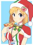  :i badge bangs blonde_hair blue_background blue_eyes blush breasts button_badge capelet cheese_trail christmas cleavage commentary eating eyebrows_visible_through_hair food fur_trim green_ribbon hat holding holding_food holding_pizza large_breasts looking_at_viewer maruhana name_tag original pizza ribbon santa_costume santa_hat short_hair solo striped striped_ribbon upper_body 