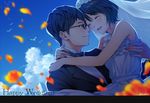  1girl animal artist_name bird black_hair blue_sky bow bowtie bridal_veil bride carrying closed_eyes cloud couple day dress glasses groom hetero husband_and_wife mole mole_above_mouth moriyama_mikuri nigeru_wa_haji_daga_yaku_ni_tatsu petals princess_carry short_hair sky smile spoilers text_focus tsuzaki_hiramasa tuxedo veil wedding wedding_dress yamaoka_sawara 