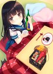  ajiriko animal bad_id bad_pixiv_id bangs banned_artist black_eyes black_hair blunt_bangs cat cup cushion from_above hatsuyuki_(kantai_collection) jitome kantai_collection kotatsu lobster long_hair looking_at_viewer osechi pleated_skirt sakazuki school_uniform serafuku sitting skirt solo table translation_request 