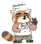  anthro barefoot chuckling clothed clothing english_text eyewear female glasses looking_at_viewer mammal nobody_(artist) red_panda smug solo text v_sign 