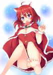  :3 :d ahoge amairo_islenauts animal_ears bare_legs barefoot blue_eyes breasts buttons cape christmas cleavage collar dog_ears dress east01_06 fang hair_ornament hairpin highres looking_at_viewer masaki_gaillard medium_breasts open_mouth paw_pose red_dress red_hair short_hair smile solo yuzu-soft 