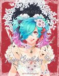  blood blue_hair cleavage_cutout dress english fire_emblem fire_emblem_if flower fork hair_flower hair_ornament hotate_rayan knife licking_lips looking_at_viewer pieri_(fire_emblem_if) protected_link red_eyes smile solo tongue tongue_out twintails 