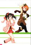  absurdres artist_request black_hair boots brown_footwear earmuffs fur-trimmed_boots fur_trim green_eyes grin highres holding hoshizora_rin knee_boots looking_at_viewer love_live! love_live!_school_idol_festival love_live!_school_idol_project multiple_girls non-web_source official_art one_eye_closed open_mouth orange_hair pantyhose polka_dot red_eyes scan scarf short_hair simple_background skirt smile snow_boots snowball snowball_fight twintails winter_clothes yazawa_nico 