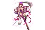  boots breasts brown_hair capelet chain cleavage dahlia_(flower_knight_girl) elbow_gloves fingerless_gloves flower_knight_girl full_body gloves holding holding_weapon large_breasts mole mole_on_breast moneti_(daifuku) purple_eyes purple_hair scythe single_thighhigh skin_tight smile solo thighhighs transparent_background weapon 