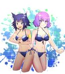  2girls armband bare_shoulders bikini blue_eyes blue_hair blush breasts commentary_request cropped_legs front-tie_top groin kawai_hanabi keijo!!!!!!!! medium_breasts multiple_girls navel purple_eyes purple_hair rokudou_rin short_hair side-tie_bikini smile splatter star star-shaped_pupils swimsuit symbol-shaped_pupils thick_eyebrows yoshiteruxx 