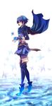  androgynous blue_hair boooo-im bug butterfly cape commentary_request crown fire_emblem fire_emblem:_kakusei hair_ornament high_heels highres insect male_focus marth smile solo thighhighs tunic walking walking_on_liquid water 