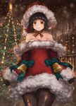  bare_shoulders blush breasts christmas christmas_ornaments christmas_tree cleavage dress gloves hat kantai_collection large_breasts looking_at_viewer myoukou_(kantai_collection) pantyhose pine_tree red_dress santa_costume santa_hat short_dress short_hair smile snow snowing solo strapless strapless_dress toka_(marchlizard) tree 
