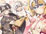  3girls :d ahoge akae_neo alternate_costume black_kimono blonde_hair blue_eyes blush commentary_request fate/grand_order fate_(series) floral_print headpiece japanese_clothes jeanne_d&#039;arc_(alter)_(fate) jeanne_d&#039;arc_(fate) jeanne_d&#039;arc_(fate)_(all) jeanne_d&#039;arc_alter_santa_lily kimono looking_at_viewer multiple_girls open_mouth paint_on_face paintbrush pink_kimono short_hair silver_hair smile wavy_mouth yellow_eyes 