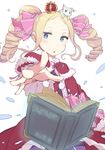  beatrice_(re:zero) blonde_hair blue_eyes blush book capelet commentary_request crown drill_hair frilled_ribbon frills fur_trim hair_ribbon long_hair maruhana mini_crown on_head open_book outstretched_arm pink_ribbon puck_(re:zero) re:zero_kara_hajimeru_isekai_seikatsu ribbon simple_background solo symbol-shaped_pupils triangle_mouth twintails white_background 
