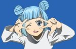  blue_eyes blue_hair double_bun double_v dress kinoko_(soratake) looking_at_viewer lowres mana_(pokemon) one_eye_closed pokemon pokemon_(game) pokemon_xd short_hair smile solo tongue tongue_out twintails v v_over_eye white_dress 