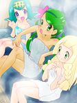  blonde_hair blue_eyes blue_hair braid collarbone crossed_legs dark_skin green_eyes green_hair highres lillie_(pokemon) looking_at_another mao_(pokemon) multiple_girls naked_towel open_mouth pokemon pokemon_(anime) pokemon_sm_(anime) ruriruri sauna sitting smile suiren_(pokemon) towel twin_braids twintails 