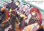  armor armored_dress berka_(fire_emblem_if) black_armor blue_hair boots camilla_(fire_emblem_if) cape fire_emblem fire_emblem_if gloves hair_ornament headband knee_boots long_hair luna_(fire_emblem_if) multiple_girls pauldrons purple_hair red_eyes red_hair renkonmatsuri tiara 