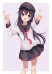  :d akatsuki_(kantai_collection) anchor_symbol blush flat_cap hachita_(odangoya) hair_between_eyes hat highres index_finger_raised kantai_collection koi_dance long_hair md5_mismatch motion_lines open_mouth purple_eyes purple_hair remodel_(kantai_collection) school_uniform serafuku smile solo 