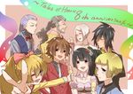  3girls 5boys ahoge bare_shoulders beryl_benito black_hair blonde_hair blue_eyes blue_hair bread breasts brown_eyes brown_hair calcedny_arcome choker dress elbow_gloves eyes_closed gallad_grinus gloves grey_hair hair_ornament hisui_hearts innes_lorenz kphak_hearts kunzite long_hair multiple_boys multiple_girls necktie one_eye_closed open_mouth ponytail purple_eyes ribbon shing_meteoryte short_hair side_ponytail suit tales_of_(series) tales_of_hearts v vest wink 