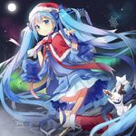  absurdly_long_hair alexmaster antlers aurora blue_eyes blue_hair boots bunny fingerless_gloves full_moon fur-trimmed_boots fur_trim gloves hair_ornament hairclip hat hatsune_miku highres knee_boots long_hair moon nail_polish night red_footwear santa_boots santa_hat skirt snowflakes twintails very_long_hair vocaloid yuki_miku yukine_(vocaloid) 