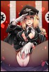  anus armband banner belt between_breasts black_border black_neckwear border breasts brick_wall censored collared_shirt epaulettes gloves grey_eyes hat heart heart-shaped_pupils highres jacket_on_shoulders lips long_hair looking_at_viewer military military_uniform mole mole_under_eye nazi necktie necktie_between_breasts nipples open_clothes open_mouth open_shirt original pantyhose peaked_cap pussy round_teeth salute shirt short_hair sitting skull solo spread_legs spread_pussy swastika symbol-shaped_pupils teeth torn_clothes torn_legwear uniform white_gloves wing_collar yin-ting_tian 