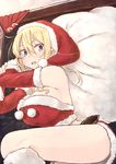  bare_shoulders blonde_hair blue_eyes blush breasts christmas commentary_request elbow_gloves flying_sweatdrops fur_trim gloves grey_panties hat highres kinpatsu-chan_(rucchiifu) large_breasts midriff open_mouth original panties pantyshot red_gloves rucchiifu sack santa_costume santa_hat short_hair solo underwear window 