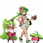  :d bare_arms bare_legs bare_shoulders berries blush bounsweet bowl breasts closed_mouth crossed_legs crown dark_skin eyelashes flower full_body gen_7_pokemon green_eyes green_footwear green_hair hair_flower hair_ornament half-closed_eyes hand_on_hip headband holding holding_bowl long_hair looking_away looking_to_the_side lowres mao_(pokemon) medium_breasts mini_crown open_mouth overalls pixel_art pokemon pokemon_(creature) pokemon_(game) pokemon_sm red_eyes red_legwear shirokuro_(oyaji) shoes simple_background smile spoon thighhighs tri_tails trial_captain tsareena twintails walking watson_cross white_background 