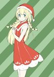  adapted_costume alternate_eye_color aqua_eyes bangs bare_arms bare_shoulders blonde_hair blunt_bangs blush braid christmas closed_mouth collared_dress dress eyebrows_visible_through_hair fingers_together flat_chest fur_trim green_background green_eyes haru_(pixiv1793501) hat lillie_(pokemon) long_hair pokemon pokemon_(game) pokemon_sm red_dress red_hat santa_costume santa_hat sleeveless sleeveless_dress smile snowman solo standing striped striped_background twin_braids 