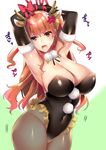  anger_vein animal_ears antlers armpits arms_up bdsm black_legwear bondage bound bound_arms bow breasts brown_eyes brown_hair cleavage commentary covered_navel elbow_gloves fang frills gloves hinazuka_ryou large_breasts leotard long_hair looking_at_viewer open_mouth original pantyhose pom_pom_(clothes) reindeer_antlers reindeer_ears reindeer_tail ribbon ribbon_bondage scowl solo tail 