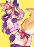  animal_ear_fluff animal_ears ass back blue_ribbon blush bra breasts claw_pose claws cosplay costume dangerous_beast fang fate/extra fate/grand_order fate_(series) fox_ears fox_tail fur-trimmed_gloves fur-trimmed_legwear fur_trim gloves hair_ribbon halloween_costume heart huge_breasts mash_kyrielight mash_kyrielight_(cosplay) o-ring o-ring_top open_mouth osiimi panties pink_hair pink_ribbon purple_gloves ribbon smile tail tamamo_(fate)_(all) tamamo_no_mae_(fate) twintails underwear yellow_background yellow_eyes 