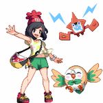  :d ^_^ armpits bag bangs bare_legs beak beanie bird black_eyes black_hair blush_stickers bracelet closed_eyes floral_print full_body gen_4_pokemon gen_7_pokemon green_shorts groin handbag hat jewelry leaf lowres mizuki_(pokemon) navel open_mouth outstretched_arm owl parted_bangs pixel_art poke_ball_theme pokedex pokemon pokemon_(creature) pokemon_(game) pokemon_sm red_hat rotom rotom_dex rowlet shirokuro_(oyaji) shirt shoes short_hair short_sleeves shorts simple_background smile sneakers standing tied_shirt white_background wings yellow_shirt z-ring 