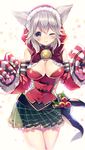  ;) animal_ears bad_id bad_pixiv_id bell bell_choker blush breasts choker claws cleavage_cutout erune granblue_fantasy green_skirt highres large_breasts looking_at_viewer one_eye_closed plaid plaid_skirt rugo sen_(granblue_fantasy) silver_hair skirt smile solo star starry_background yellow_eyes 