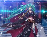  aqua_hair belt black_legwear blue_eyes clenched_hand gun hatsune_miku holding holding_gun holding_weapon horns long_hair md5_mismatch midriff oni shrine snowing solo thighhighs very_long_hair vocaloid weapon yahako 