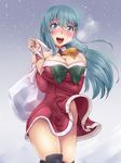  :d ascot blush bow breasts carrying christmas christmas_tree_hair_ornament cleavage commentary_request detached_sleeves dress dress_lift hair_ornament ishii_hisao kantai_collection large_breasts long_hair looking_at_viewer off-shoulder_dress off_shoulder open_mouth panties red_dress sack side-tie_panties smile snowing solo steam suzuya_(kantai_collection) underwear visible_air wind wind_lift 