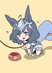  absurdres ahoge ahri all_fours animal_ears blush bowl breasts chibi cleavage collar dmdkrxmrrmq facial_mark fur_trim highres league_of_legends open_mouth pet_play solo tail tears 