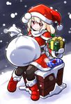  blush boots box chimney christmas exice-zero fur_trim gift gift_box gloves hat highres holding holding_gift kugelschreiber long_hair looking_at_viewer original pom_pom_(clothes) red_eyes ribbon sack santa_costume santa_hat smile snow snowing solo 