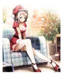  ankle_strap antlers belt between_legs blue_eyes blush breasts christmas_tree cleavage commentary_request couch duplicate fur-trimmed_hat grey_hair hand_between_legs hat heart high_heels large_breasts looking_at_viewer love_live! love_live!_sunshine!! merry_christmas red_hat red_skirt santa_costume santa_hat senji_(tegone_spike) short_hair short_sleeves sitting skirt smile solo thighhighs uchicchii watanabe_you white_legwear 