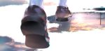  1girl blurry blurry_background brown_footwear depth_of_field feet highres loafers original outdoors puddle reflection ripples shoe_soles shoes solo sousou_(sousouworks) sun sunlight telephone_pole walking water white_legwear 