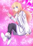  1girl blonde_hair blue_eyes blush breasts collet_brunel dress jewelry long_hair pantyhose pink_background shoes smile tales_of_(series) tales_of_symphonia v wings 