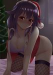  ahoge blush bra breasts christmas_ornaments christmas_tree collarbone cropped_jacket fishnet_legwear fishnets hair_between_eyes hair_flaps hanging_breasts hat head_tilt highres kantai_collection large_breasts long_hair looking_at_viewer low_twintails no_panties purple_hair red_eyes santa_hat solo taigei_(kantai_collection) thighhighs thighs tomojo twintails underwear white_bra 