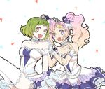  2girls bare_shoulders breasts brown_eyes choker cleavage dark_skin farah_oersted frills gloves green_hair idolmaster long_hair meredy multiple_girls open_mouth pink_hair purple_eyes short_hair skirt tales_of_(series) tales_of_eternia thighhighs tiara twintails 