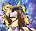  1girl ahoge bare_shoulders blue_background breasts brown_hair cleavage elbow_gloves gloves midriff milla_maxwell multicolored_hair navel pink_eyes skirt smile sword tales_of_(series) tales_of_xillia very_long_hair weapon 