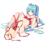  bangs barefoot between_toes blue_eyes blue_hair bow breasts closed_mouth collarbone eyelashes feet full_body hair_ornament hatsune_miku highres holding knees_up legs_together legs_up long_hair long_legs looking_at_viewer lying naked_ribbon nian on_back partially_visible_vulva pigeon-toed red_bow red_ribbon ribbon shadow shiny shiny_hair simple_background small_breasts smile solo toes twintails very_long_hair vocaloid white_background 