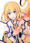  1girl blonde_hair blue_eyes blush collet_brunel dress jewelry long_hair tales_of_(series) tales_of_symphonia tongue tongue_out weapon 