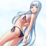  arched_back ass bikini blue_hair breasts dutch_angle green_eyes highres long_hair looking_back nanjyolno original parted_lips simple_background small_breasts solo swimsuit very_long_hair 