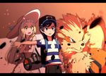  1boy 1girl angry arcanine bag black_eyes black_hair blonde_hair dog fire green_eyes hat lillie_(pokemon) male_protagonist_(pokemon_sm) pokemon pokemon_(creature) pokemon_(game) pokemon_sm scared striped_shirt sweat white_dress z-ring 