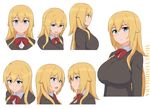 1girl blonde_hair blue_eyes blush bow breasts character_name commentary_request expressionless expressions large_breasts looking_at_viewer mori_yoshihara_(naozuri) multiple_views naozuri open_mouth original reference_sheet smile sweater upper_body 