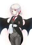  alternate_costume alternate_hairstyle bat_wings butler cowboy_shot earrings female_butler formal gloves jewelry looking_at_viewer necktie red_eyes remilia_scarlet short_hair silver_hair simple_background solo suit touhou utakata_(kochou_no_yume) white_background wings 