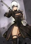  black_dress blindfold breasts cleavage cleavage_cutout dress highres medium_breasts nier_(series) nier_automata panties parted_lips short_hair skirt solo sword thighs underwear weapon white_hair white_panties wujia_xiaozi yorha_no._2_type_b 